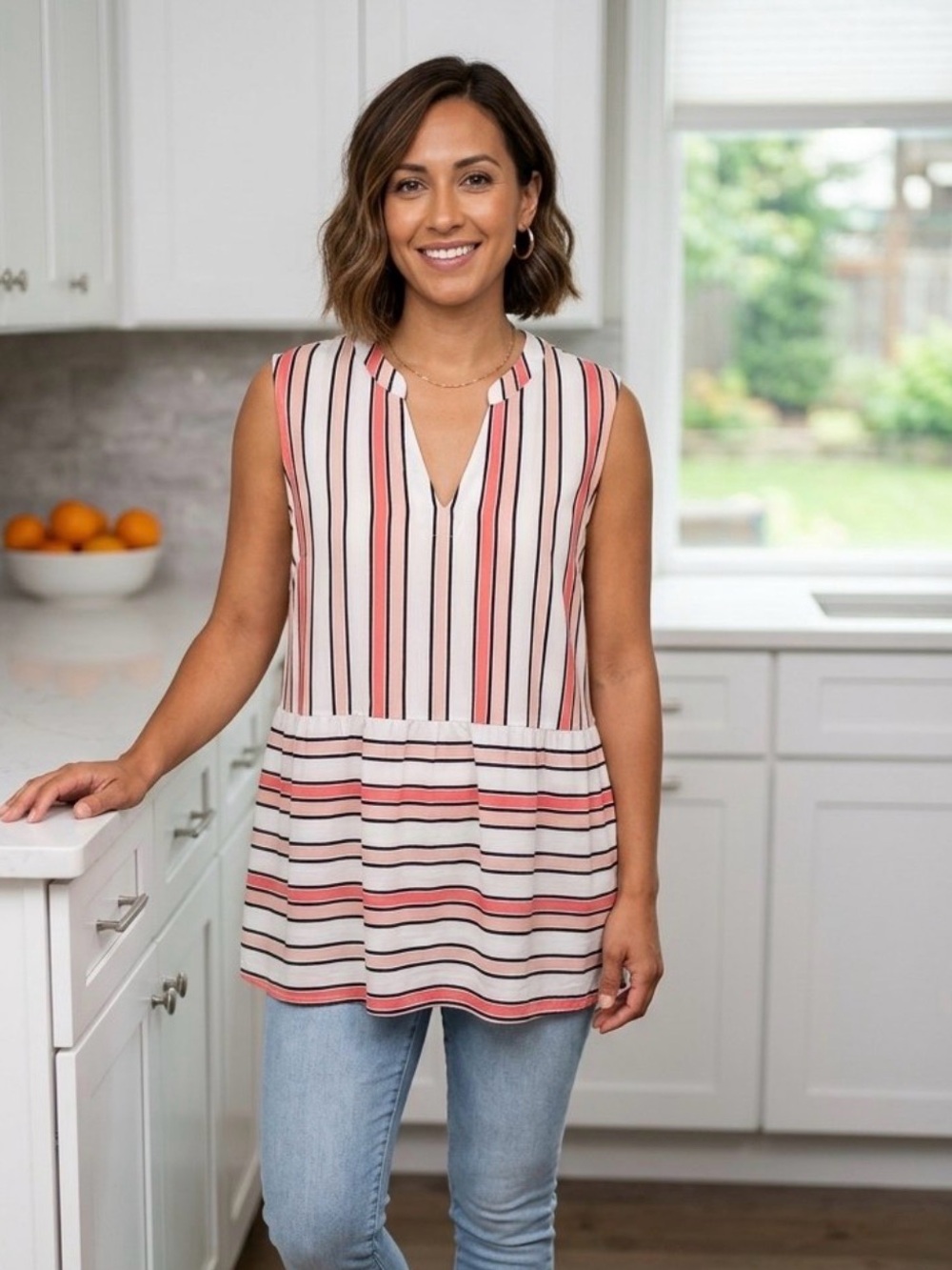 VINCE CAMUTO Striped V Neck Top